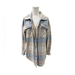 Forina Light Blue & Light Brown Plaid Oversized Button-Up Shacket | Cozy Fall
